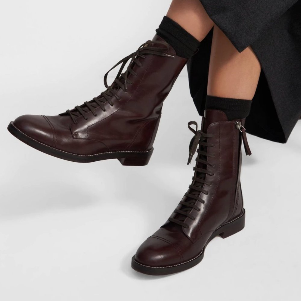 Theory Laced Boot Satin Leather Dark Brown US 7
